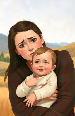A mother holding her child in her arms, with the child smiling warmly at the viewer, while the mother has a concerned expression on her face