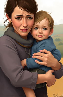 A mother holding her child in her arms, with the child smiling warmly at the viewer, while the mother has a concerned expression on her face
