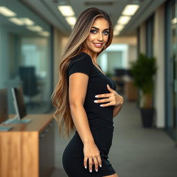 An attractive American woman with a hint of Arab heritage, 24 years old, features long, thick dark blonde hair that flows elegantly
