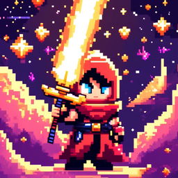 Pixel art profile picture featuring a standalone flame sword against a cosmic background filled with stars, nebulas, and distant galaxies