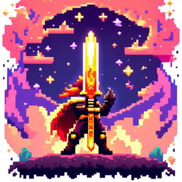 Pixel art profile picture featuring a standalone flame sword against a cosmic background filled with stars, nebulas, and distant galaxies