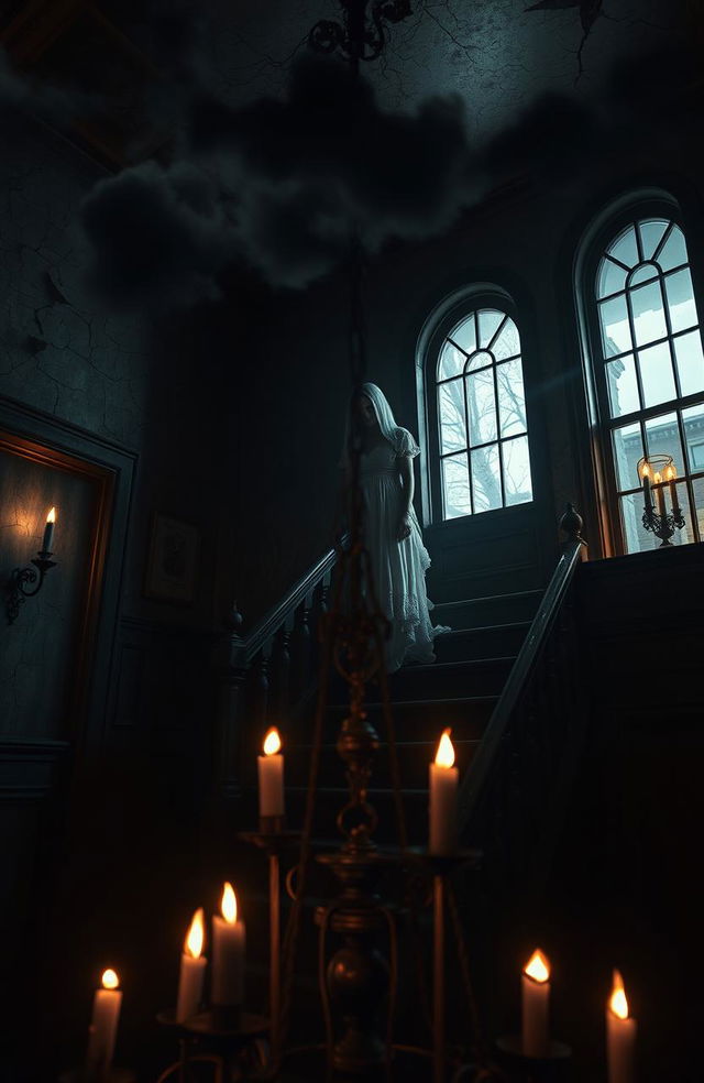 A chilling horror scene set in an abandoned, decaying Victorian mansion, dimly lit by flickering candles casting eerie shadows on the cracked walls