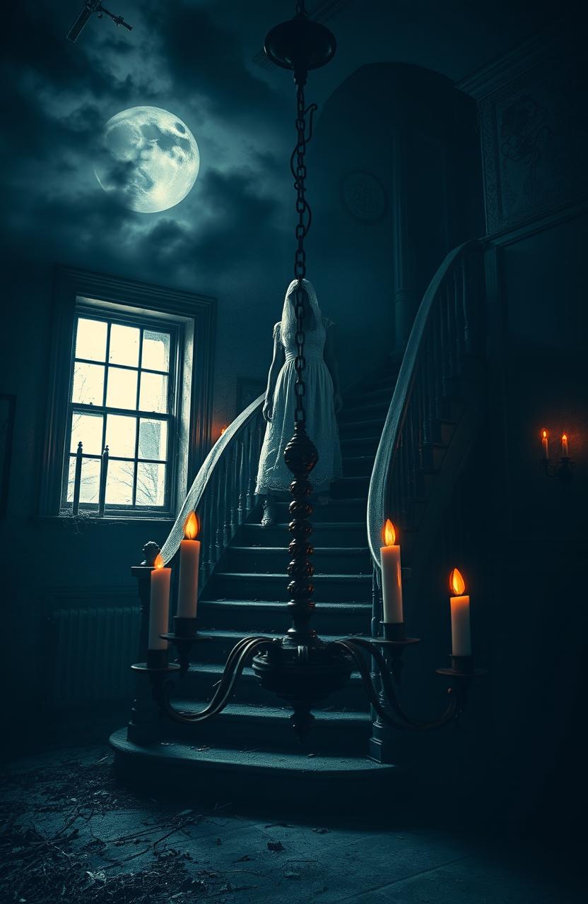 A chilling horror scene set in an abandoned, decaying Victorian mansion, dimly lit by flickering candles casting eerie shadows on the cracked walls