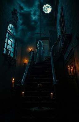 A chilling horror scene set in an abandoned, decaying Victorian mansion, dimly lit by flickering candles casting eerie shadows on the cracked walls