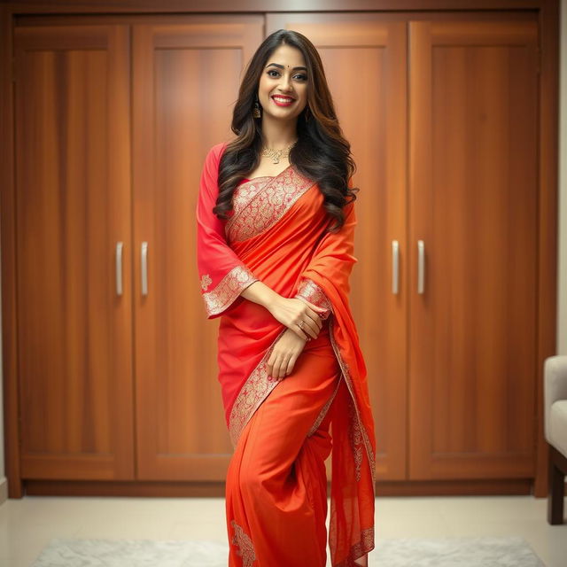 A confident and alluring woman standing elegantly in a vibrant traditional outfit that accentuates her figure