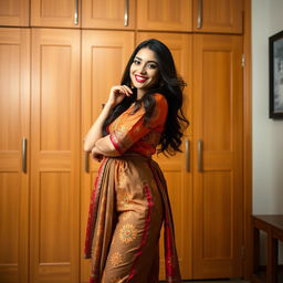 A confident and alluring woman standing elegantly in a vibrant traditional outfit that accentuates her figure