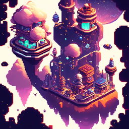 Pixel art profile picture featuring a futuristic floating city with high-tech buildings, hovering vehicles, and a starry sky backdrop