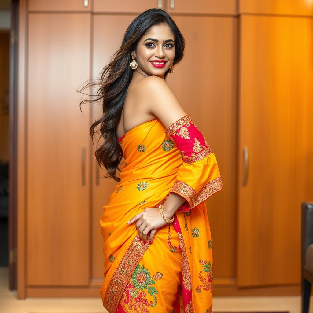 A confident and alluring woman standing elegantly in a vibrant traditional outfit that accentuates her figure