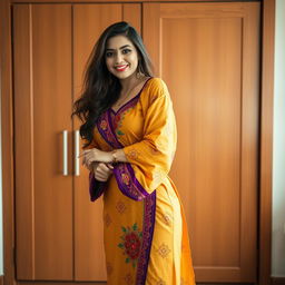 A confident and alluring woman standing elegantly in a vibrant traditional outfit that accentuates her figure