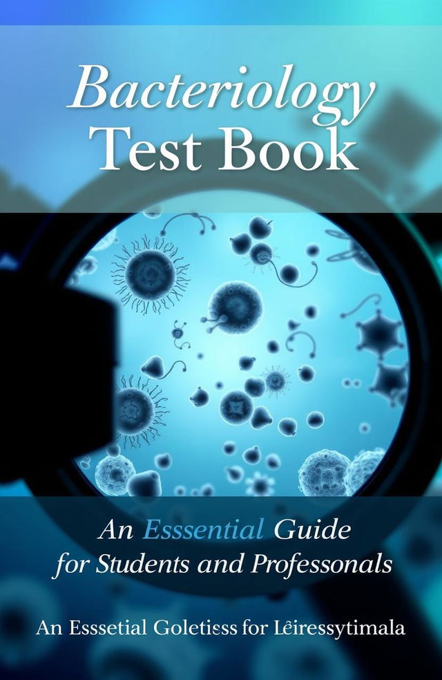 A high-quality cover design for a bacteriology test book, featuring a detailed illustration of various bacteria under a microscope, showcasing different shapes and sizes like cocci, bacilli, and spirilla