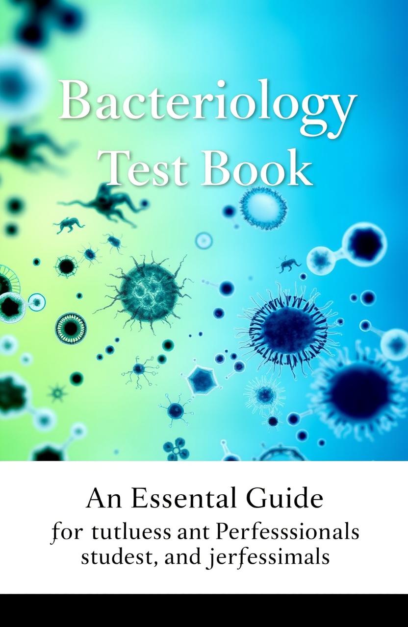 A high-quality cover design for a bacteriology test book, featuring a detailed illustration of various bacteria under a microscope, showcasing different shapes and sizes like cocci, bacilli, and spirilla