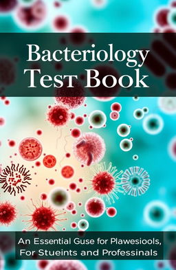 A high-quality cover design for a bacteriology test book, featuring a detailed illustration of various bacteria under a microscope, showcasing different shapes and sizes like cocci, bacilli, and spirilla