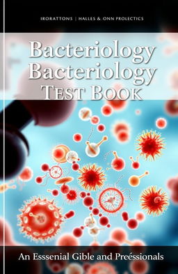 A high-quality cover design for a bacteriology test book, featuring a detailed illustration of various bacteria under a microscope, showcasing different shapes and sizes like cocci, bacilli, and spirilla