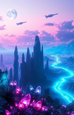 A stunning sci-fi landscape titled 'Echoes Beyond the Horizon', featuring a vast alien planet with towering crystal formations and a vibrant atmosphere
