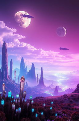 A stunning sci-fi landscape titled 'Echoes Beyond the Horizon', featuring a vast alien planet with towering crystal formations and a vibrant atmosphere