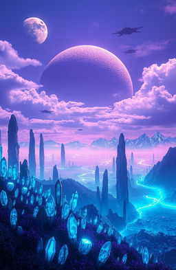 A stunning sci-fi landscape titled 'Echoes Beyond the Horizon', featuring a vast alien planet with towering crystal formations and a vibrant atmosphere