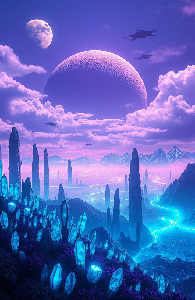 A stunning sci-fi landscape titled 'Echoes Beyond the Horizon', featuring a vast alien planet with towering crystal formations and a vibrant atmosphere