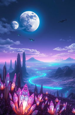 A stunning sci-fi landscape titled 'Echoes Beyond the Horizon', featuring a vast alien planet with towering crystal formations and a vibrant atmosphere