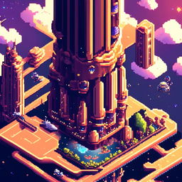 Pixel art profile picture featuring a futuristic floating city with high-tech buildings, hovering vehicles, and a starry sky backdrop