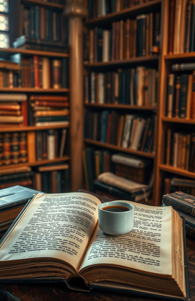 An open book with golden gilded pages, surrounded by a cozy library setting filled with old wooden shelves stacked with various books, warm, soft lighting illuminating the pages, a steaming cup of coffee sits next to the book, adding to the peaceful atmosphere