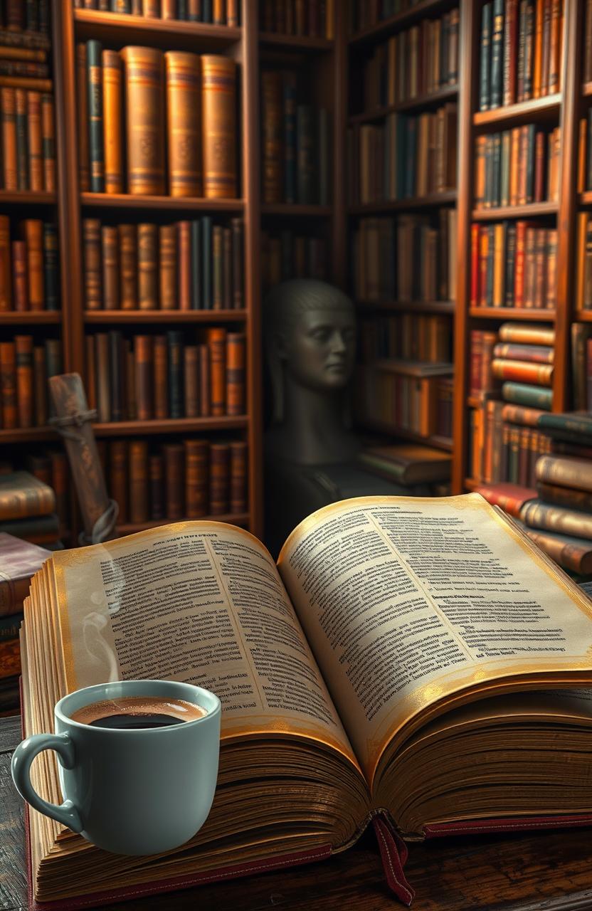 An open book with golden gilded pages, surrounded by a cozy library setting filled with old wooden shelves stacked with various books, warm, soft lighting illuminating the pages, a steaming cup of coffee sits next to the book, adding to the peaceful atmosphere