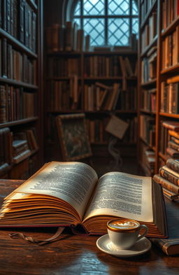 An open book with golden gilded pages, surrounded by a cozy library setting filled with old wooden shelves stacked with various books, warm, soft lighting illuminating the pages, a steaming cup of coffee sits next to the book, adding to the peaceful atmosphere