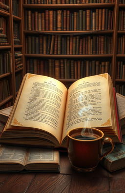 An open book with golden gilded pages, surrounded by a cozy library setting filled with old wooden shelves stacked with various books, warm, soft lighting illuminating the pages, a steaming cup of coffee sits next to the book, adding to the peaceful atmosphere