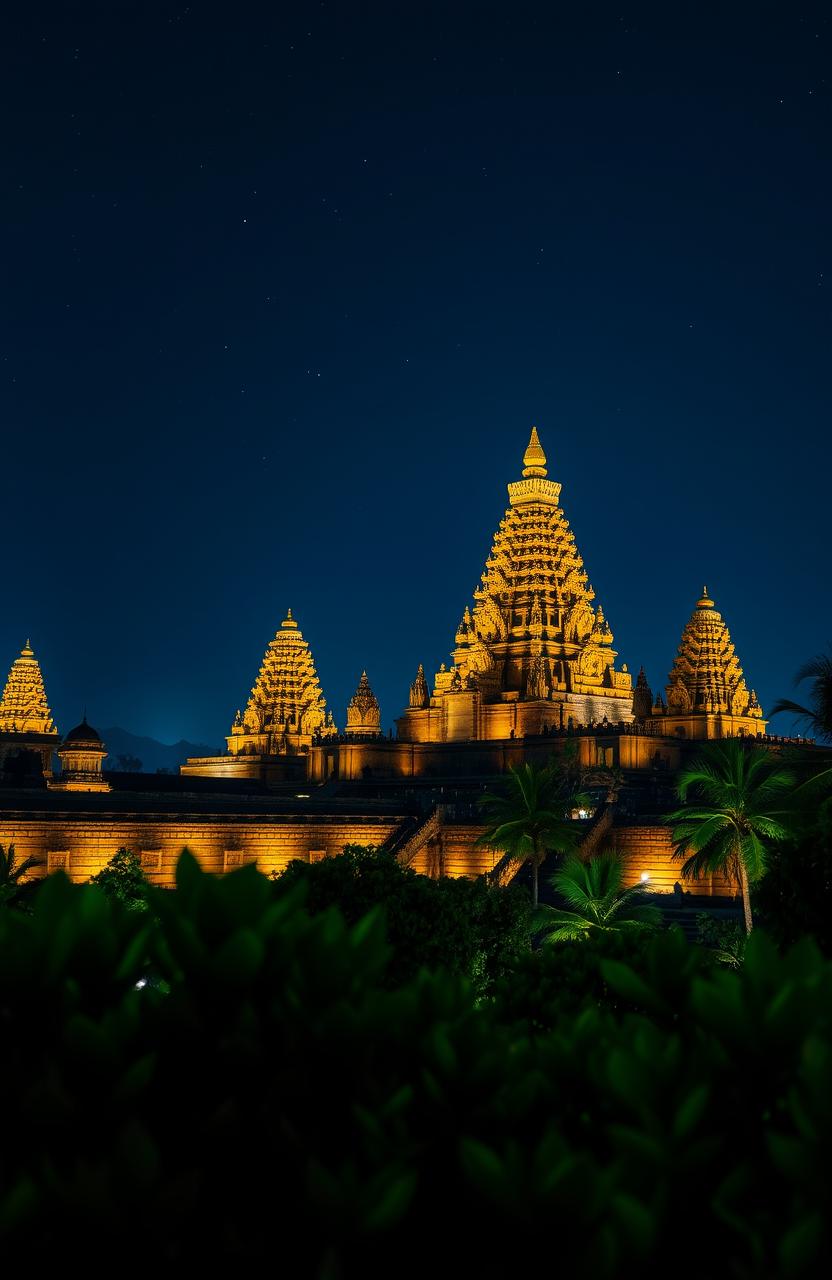 A stunning view of Candi Prambanan at night, showcasing its intricate architectural details illuminated by soft lighting, creating an enchanting and luxurious atmosphere