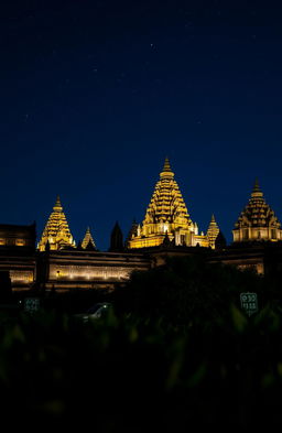 A stunning view of Candi Prambanan at night, showcasing its intricate architectural details illuminated by soft lighting, creating an enchanting and luxurious atmosphere