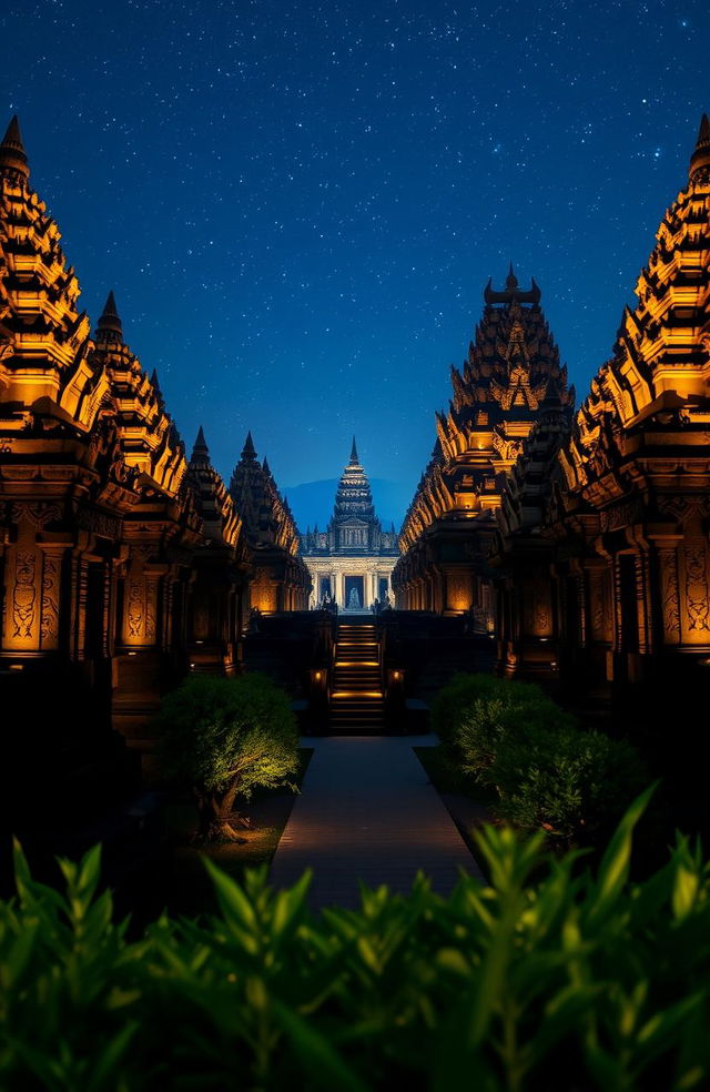 A stunning view of Candi Prambanan at night, showcasing its intricate architectural details illuminated by soft lighting, creating an enchanting and luxurious atmosphere