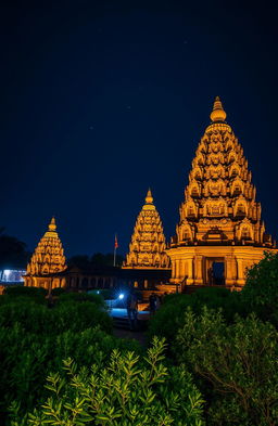 A stunning view of Candi Prambanan at night, showcasing its intricate architectural details illuminated by soft lighting, creating an enchanting and luxurious atmosphere