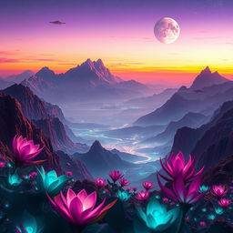 A breathtaking sci-fi scene titled 'Echoes Beyond the Horizon', showcasing a distant alien world with sprawling landscapes