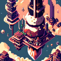 Pixel art profile picture featuring a futuristic floating city with high-tech buildings, hovering vehicles, and a starry sky backdrop