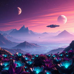 A breathtaking sci-fi scene titled 'Echoes Beyond the Horizon', showcasing a distant alien world with sprawling landscapes