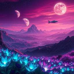 A breathtaking sci-fi scene titled 'Echoes Beyond the Horizon', showcasing a distant alien world with sprawling landscapes