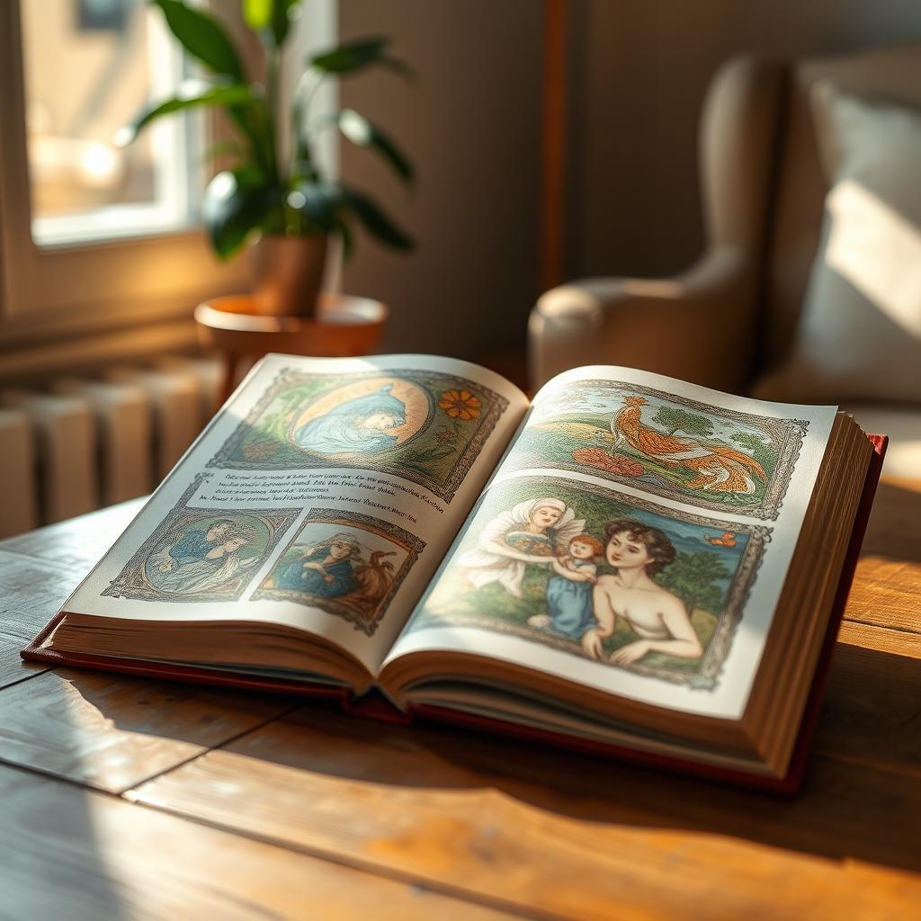 An open book on a wooden table, showcasing beautifully illustrated pages filled with intricate patterns and vibrant colors