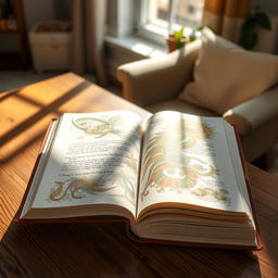 An open book on a wooden table, showcasing beautifully illustrated pages filled with intricate patterns and vibrant colors