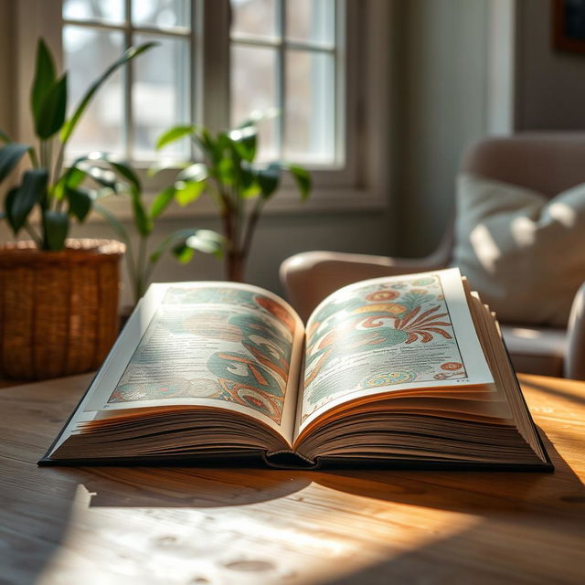 An open book on a wooden table, showcasing beautifully illustrated pages filled with intricate patterns and vibrant colors