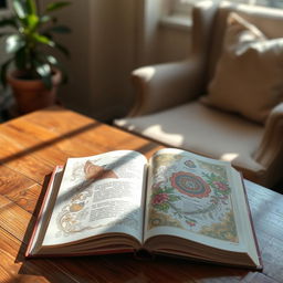 An open book on a wooden table, showcasing beautifully illustrated pages filled with intricate patterns and vibrant colors