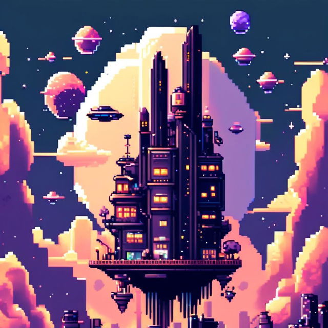 Pixel art profile picture featuring a futuristic floating city with high-tech buildings, hovering vehicles, and a starry sky backdrop