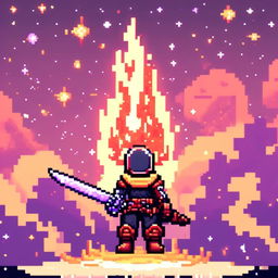 Pixel art profile picture featuring a standalone flame sword with no people, set against a cosmic background filled with stars, nebulas, and distant galaxies