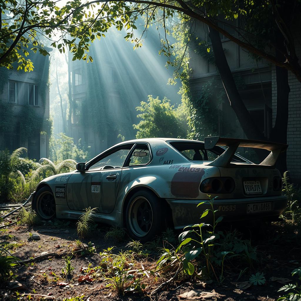 A scene featuring an abandoned drift car, richly detailed with graffiti and rust on its body, set in an overgrown urban environment