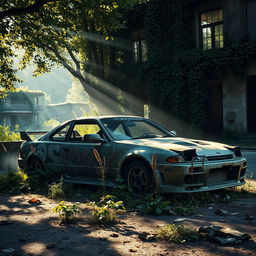 A scene featuring an abandoned drift car, richly detailed with graffiti and rust on its body, set in an overgrown urban environment