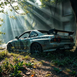 A scene featuring an abandoned drift car, richly detailed with graffiti and rust on its body, set in an overgrown urban environment