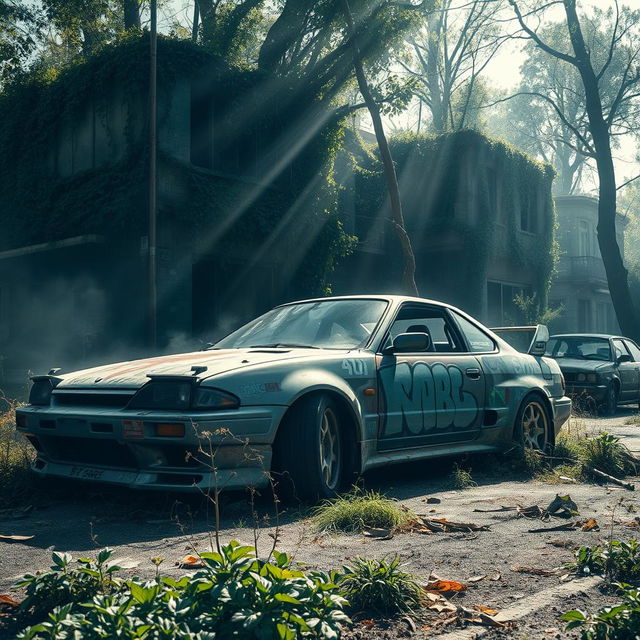 A scene featuring an abandoned drift car, richly detailed with graffiti and rust on its body, set in an overgrown urban environment