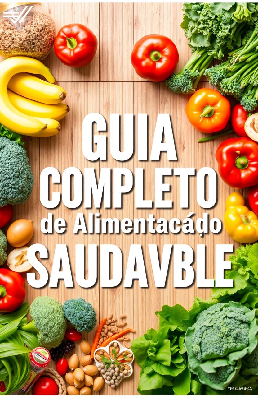 A beautifully designed cover for a health and nutrition guide titled 'Guia Completo de Alimentação Saudável'