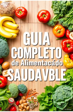 A beautifully designed cover for a health and nutrition guide titled 'Guia Completo de Alimentação Saudável'