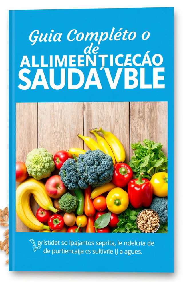 A beautifully designed cover for a health and nutrition guide titled 'Guia Completo de Alimentação Saudável'