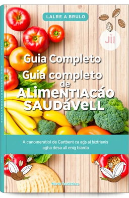 A beautifully designed cover for a health and nutrition guide titled 'Guia Completo de Alimentação Saudável'