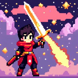 Pixel art profile picture featuring a standalone flame sword with no people, set against a cosmic background filled with stars, nebulas, and distant galaxies